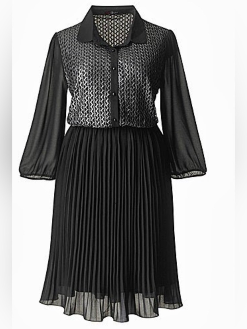 LOVEDROBE Plus Size Black Sheer Pleated Midi Dress with Patterned Bodice